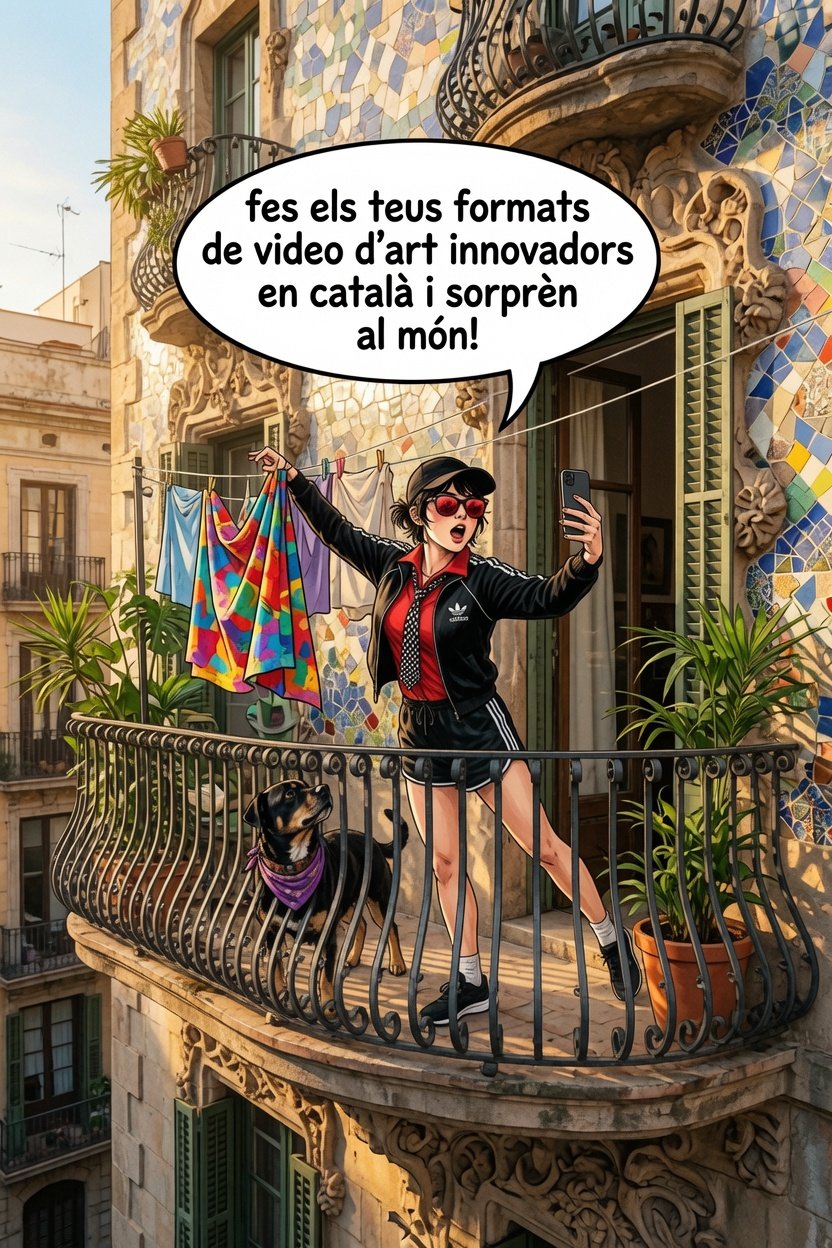 aquesta noia a un balcó estenent la roba i fent un ball com microteatre performance creativa grabant-se amb el mòbil a un edifici modernista del barri de Gràcia, dient: "fes els teus formats de video d'art innovadors en català i sorprèn al món!"